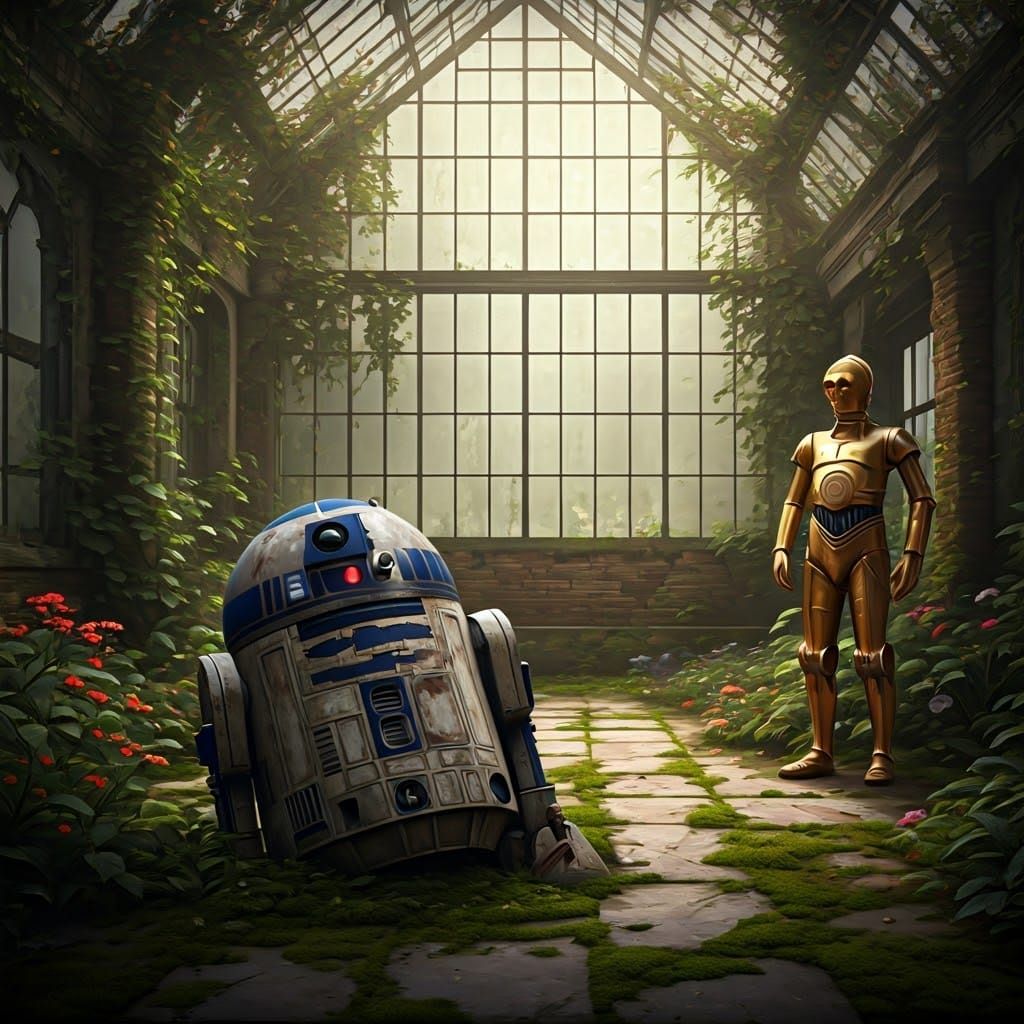 A weathered R2D2 is resting on the moss-covered floor of an ...