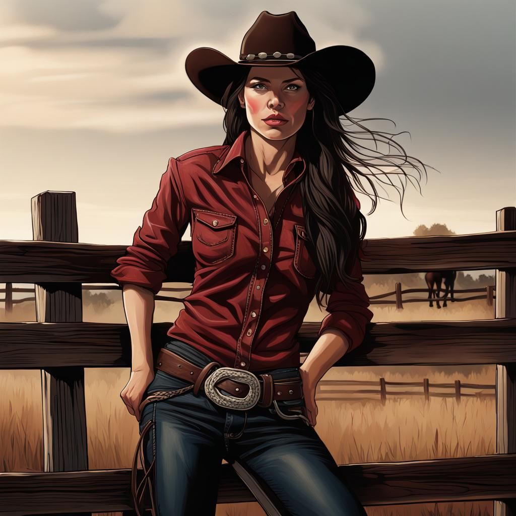 Brunette Cowgirl Posing with Black Horse in Hyperrealism