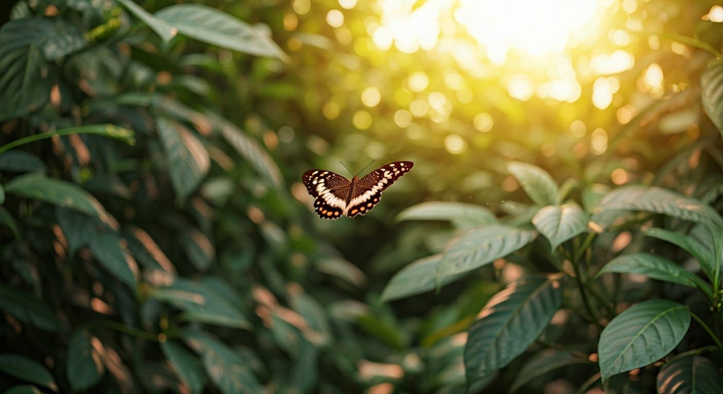 Butterfly Flight Through Jungle at Sunset