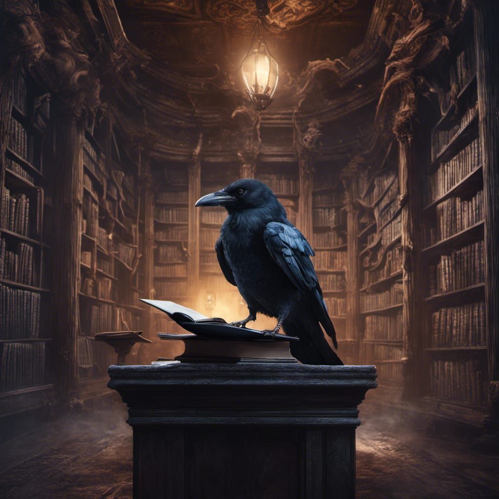 Raven Reads Laptop in Haunted Library, Matte Painting