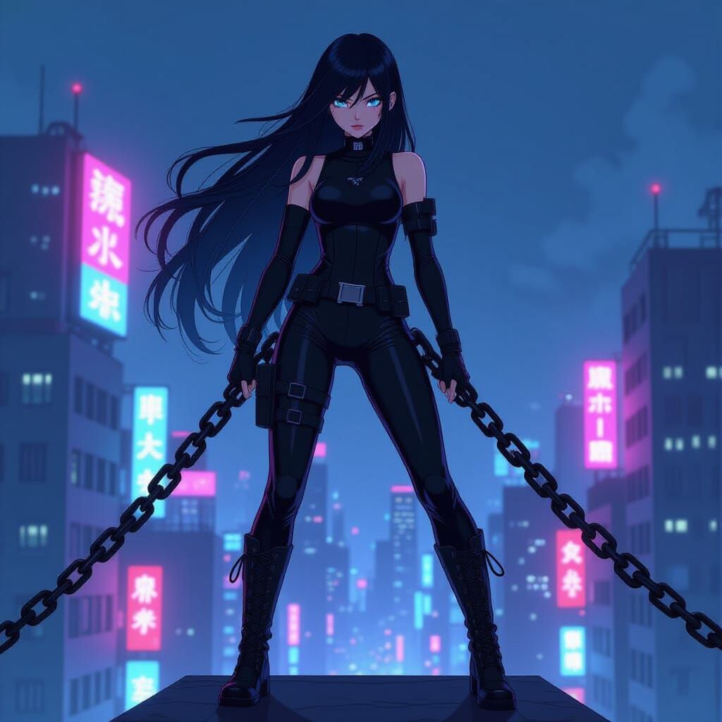 Anime Girl in Futuristic City with Chain Weapons