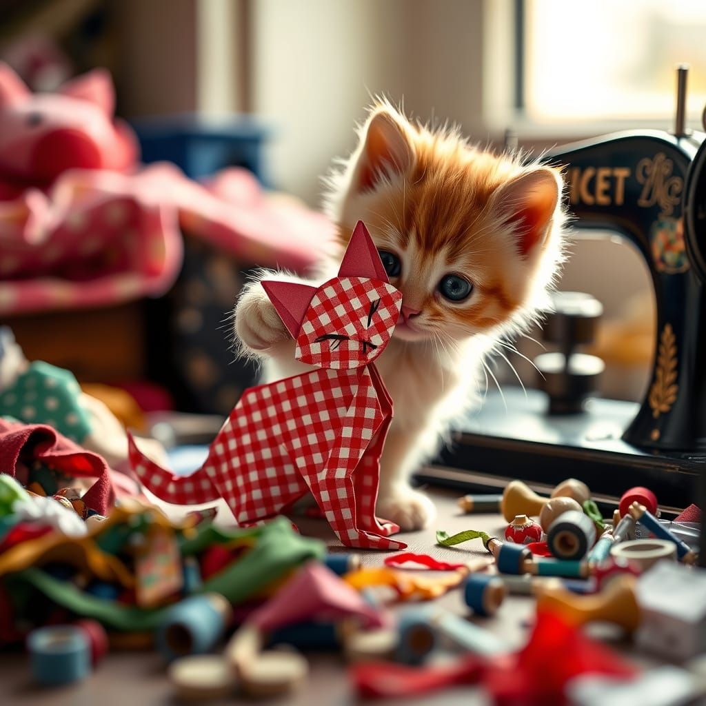 Kitten Reaches Out to Touch Origami Friend in Whimsical Stud...