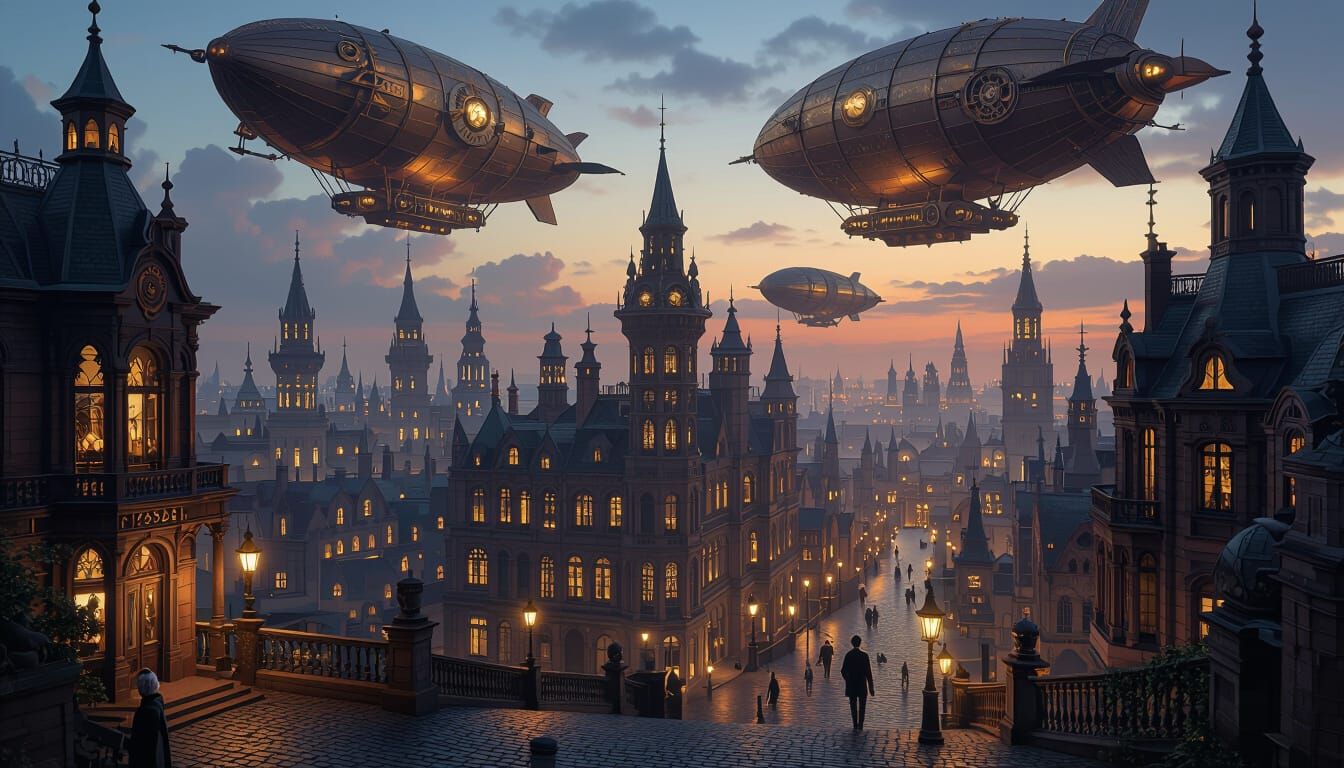 Victorian Twilight City with Airships and Ornate Weasels