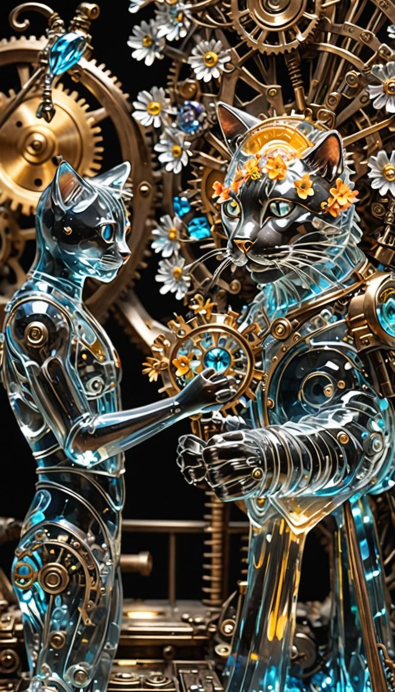Bioluminescent Crystal Cat on Steampunk Engine