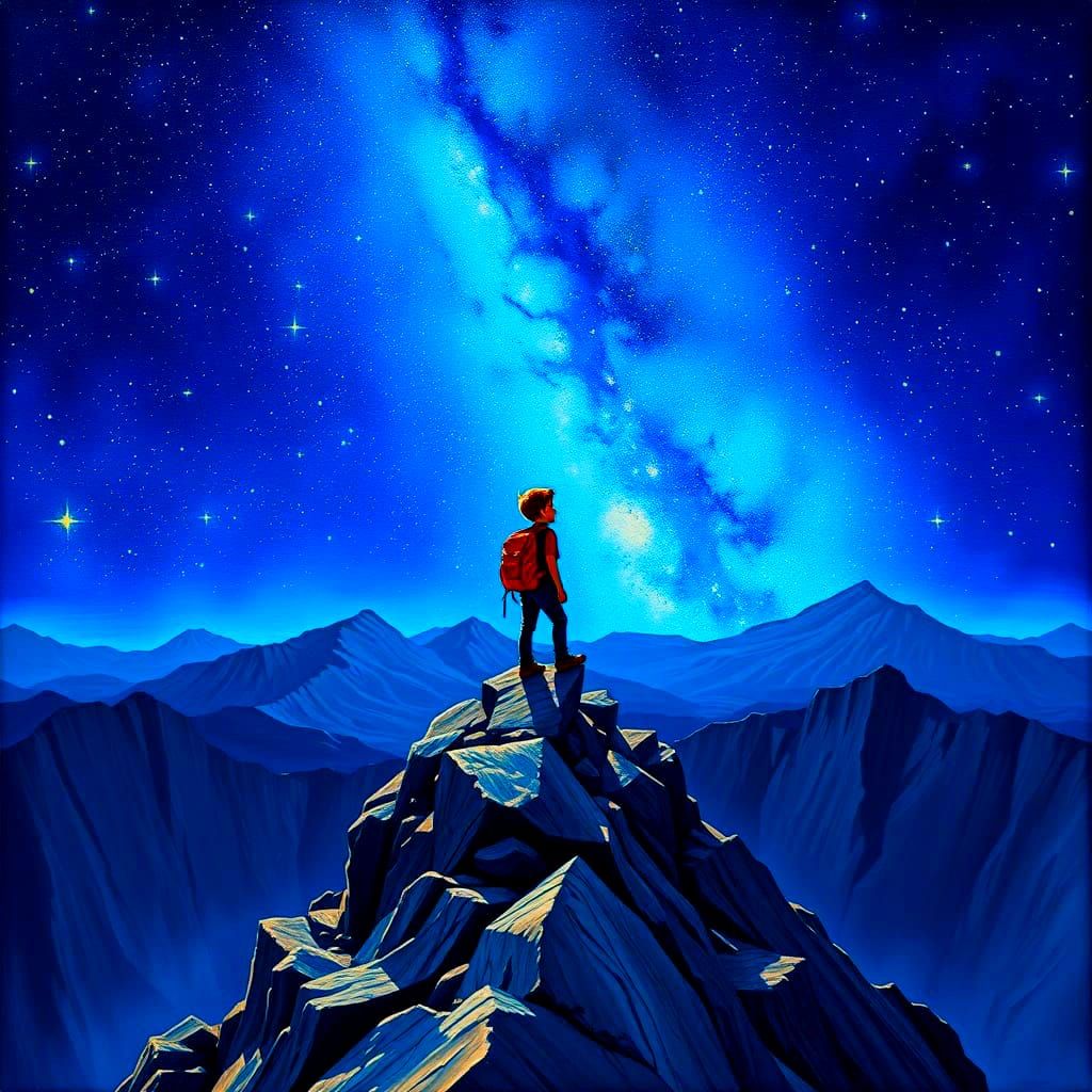 Boy Standing on Mountain Peak Under Starry Night Sky
