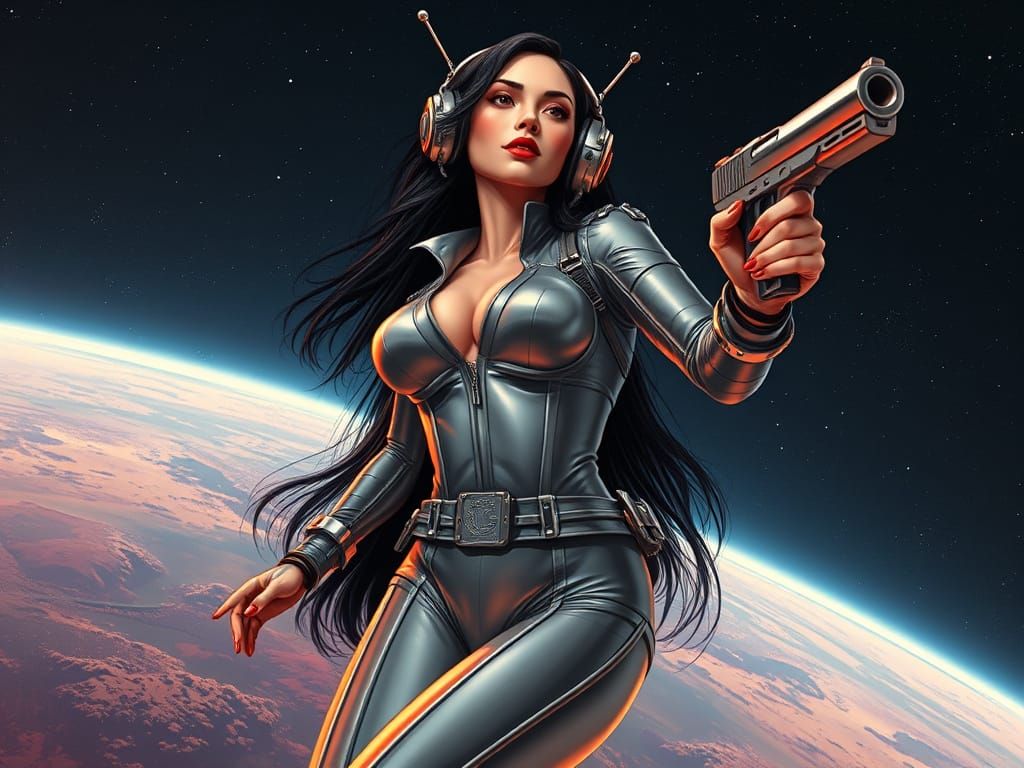 Sci-Fi Woman in Silver Bodysuit with Space Blaster