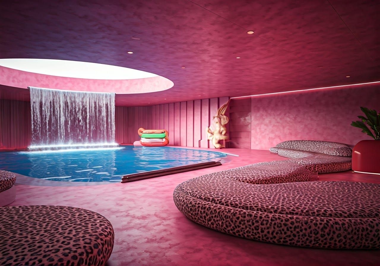 Space Age Boho Chic Living Room with Waterfall