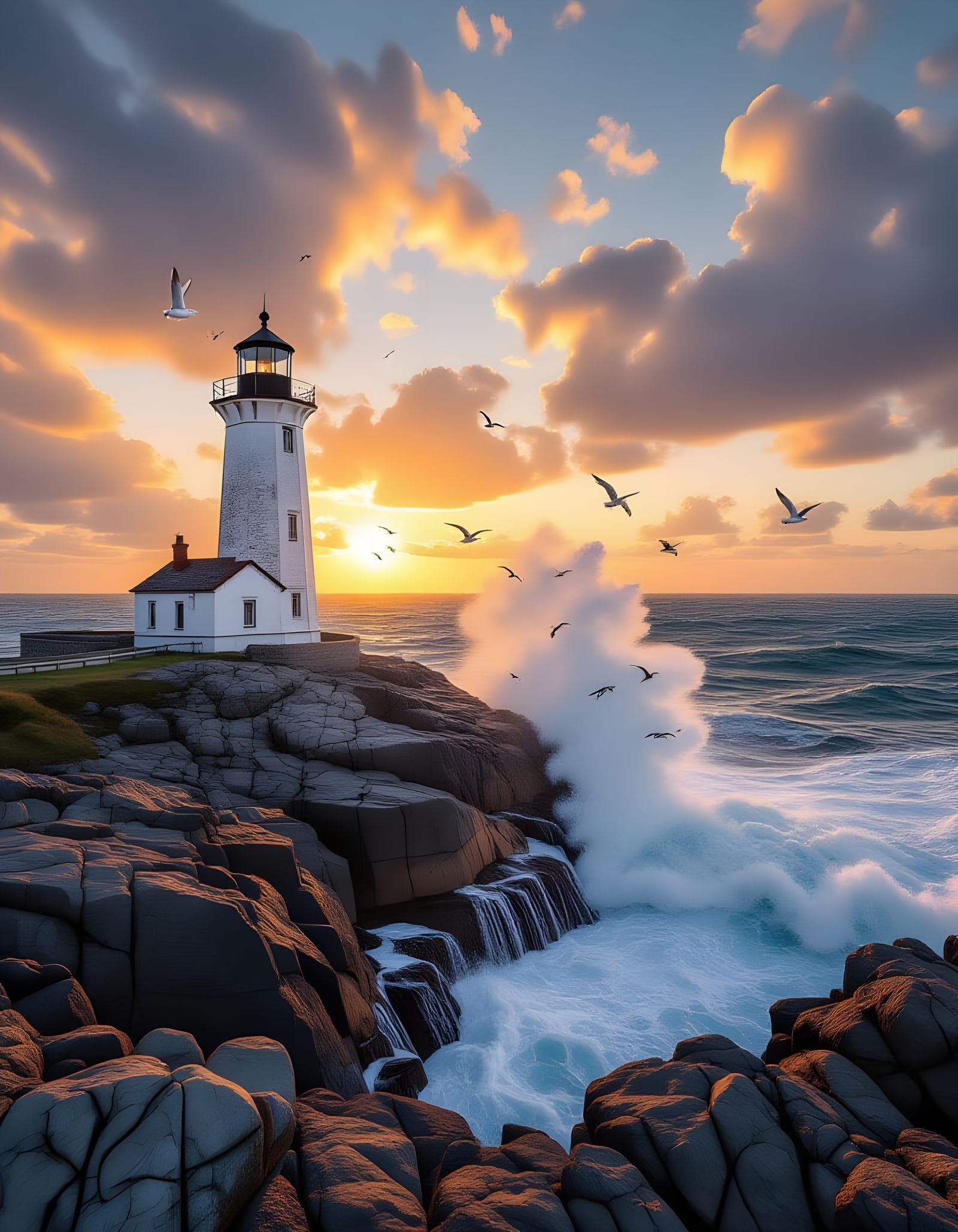 Sunrise Lighthouse on Rocky Cliffs in Hyperrealism