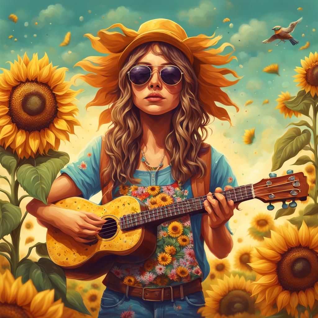 Sunflower Hippie Girl with Ukulele Splash Art