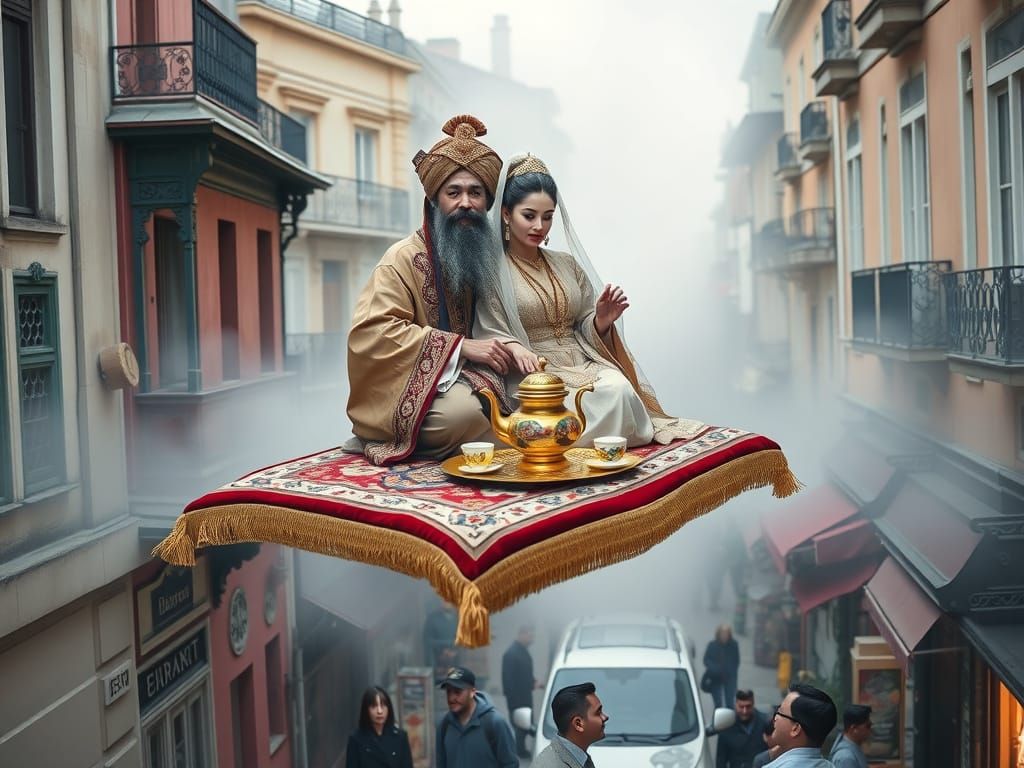 Oriental Figures on Floating Carpet in Dreamlike Scene