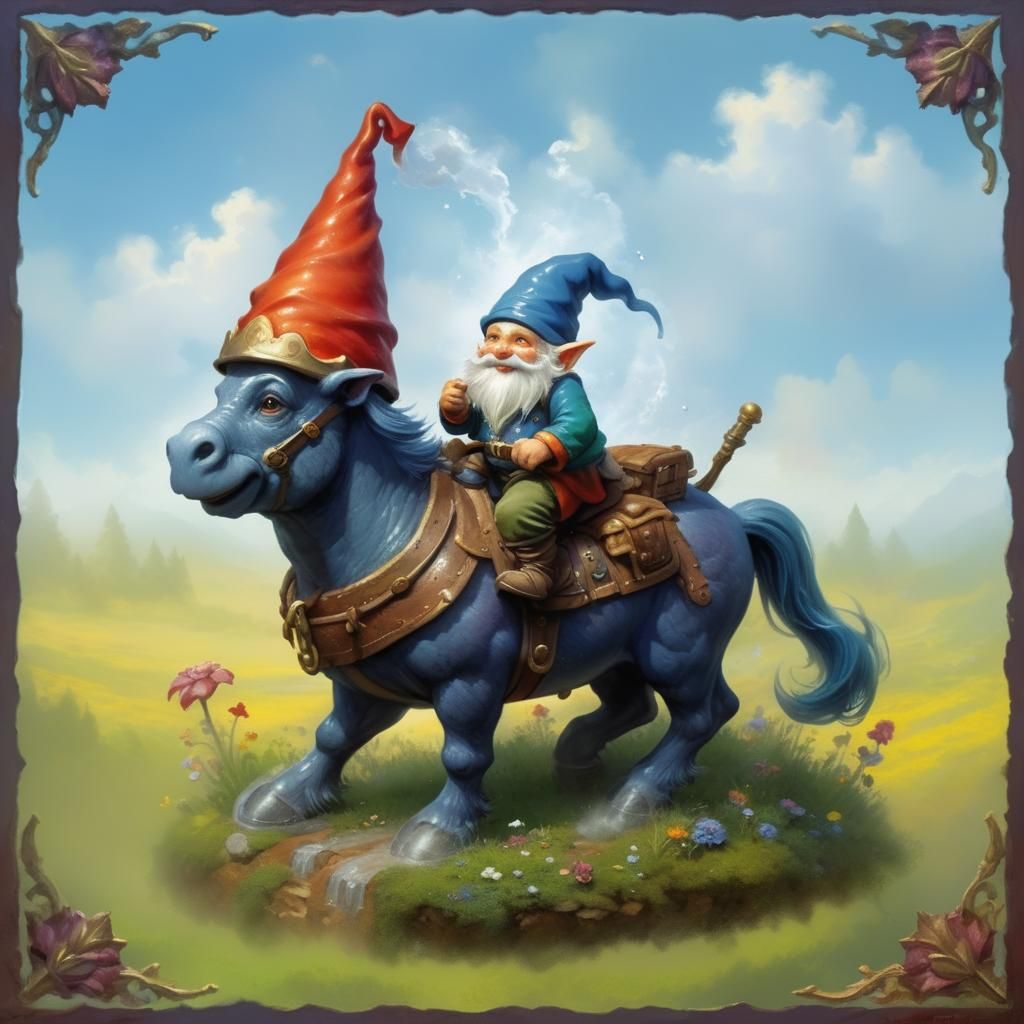 Gnome Rides a Horse in Ethereal Fantasy Landscape