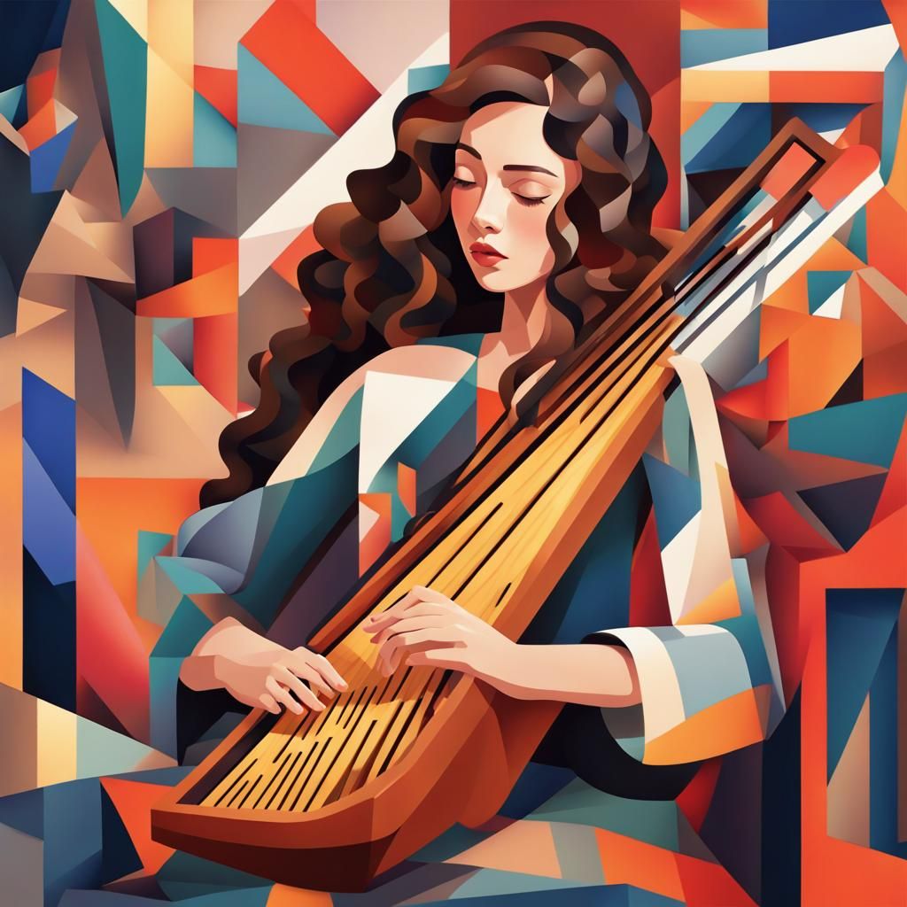 Girl Playing Zither in Cubist Art Deco Style