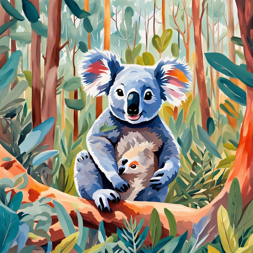 Australian Animals in Eucalyptus Forest: Gouache-Style Carto...