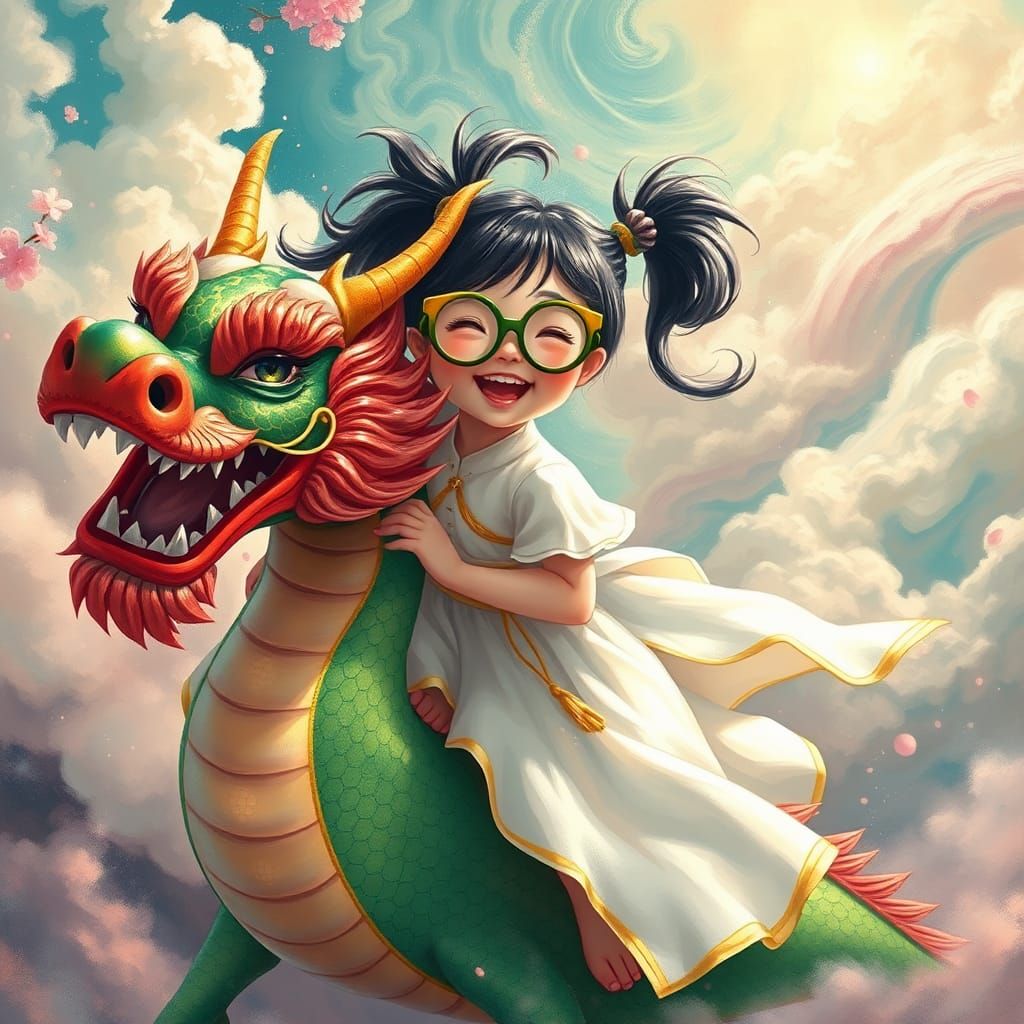 Girl Rides Dragon in Surreal Dreamscape, Whimsical Style