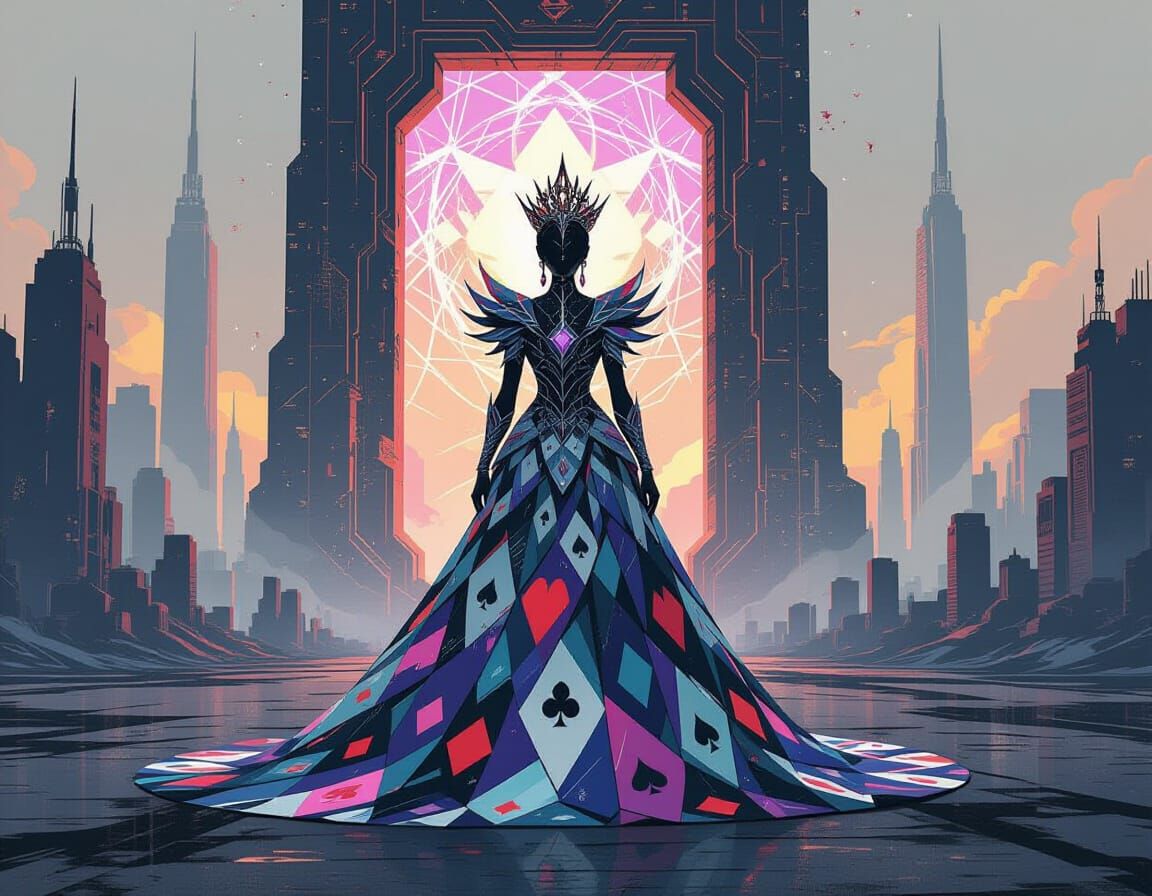 Ethereal Queen in Futuristic Cityscape