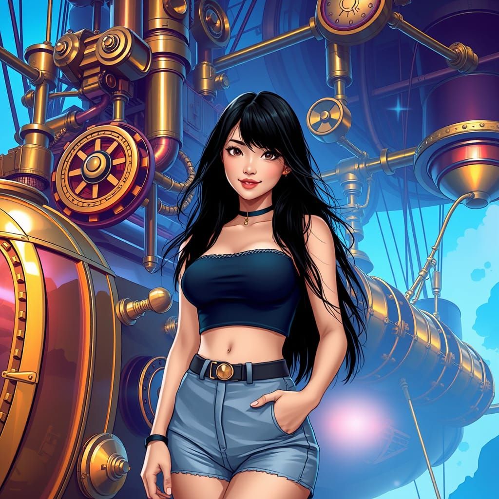 Steampunk Airship Scene with Taiwanese Woman