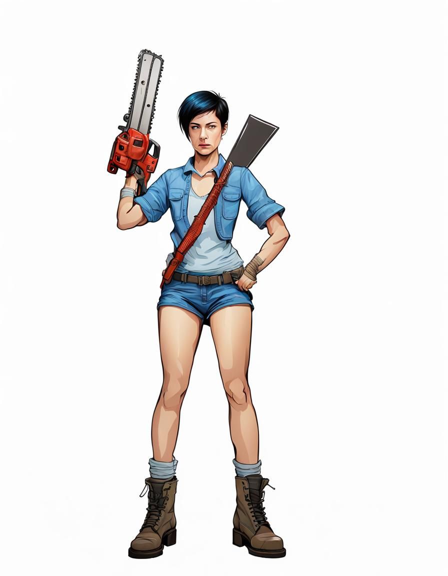 Hyperrealistic Woman Warrior with Chainsaw Hand