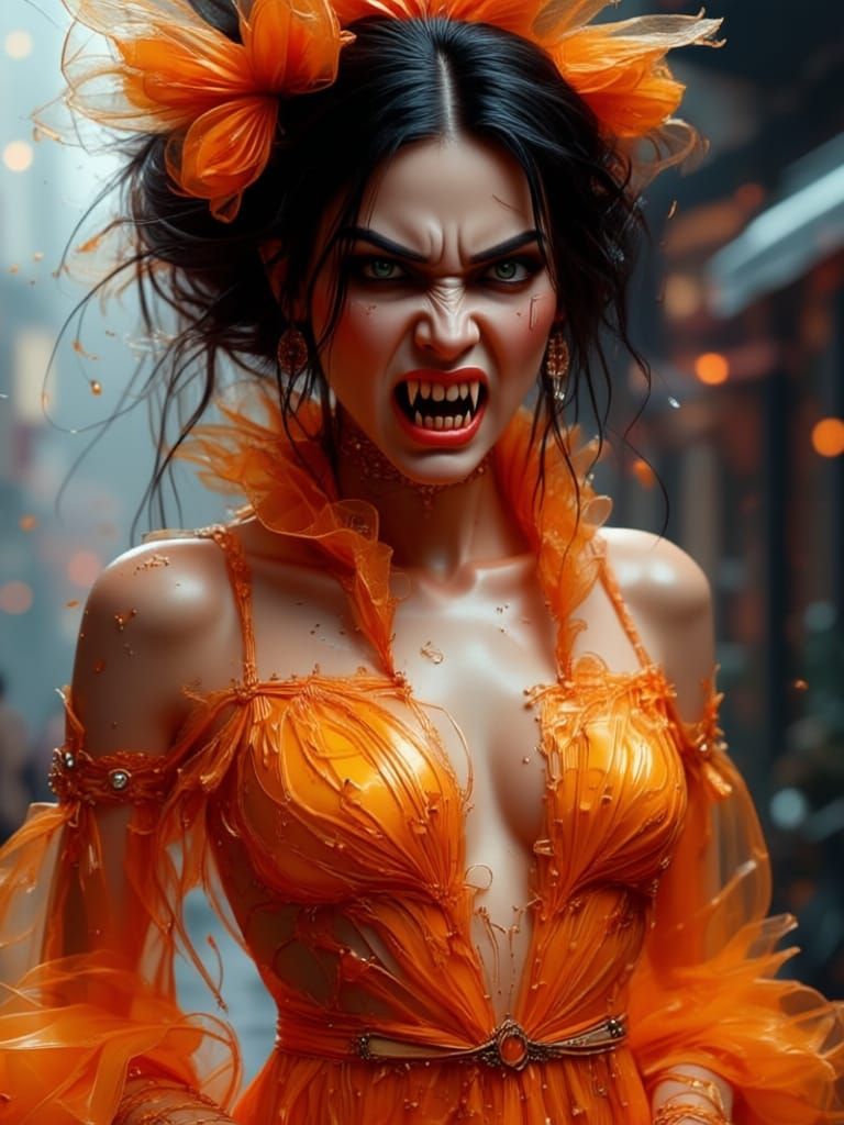 Aggressive Vampire Woman with Slightly Open Mouth and Sharp ...