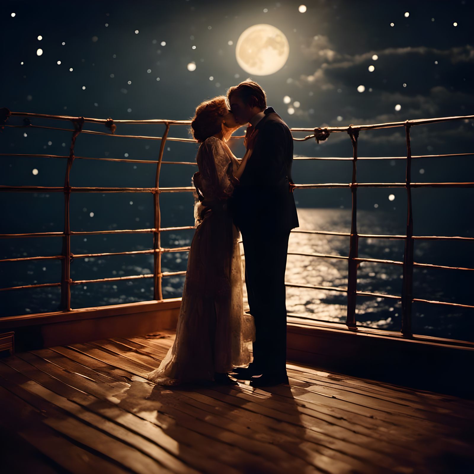Romantic Titanic Kiss in Moonlight: Hyperrealistic Detail