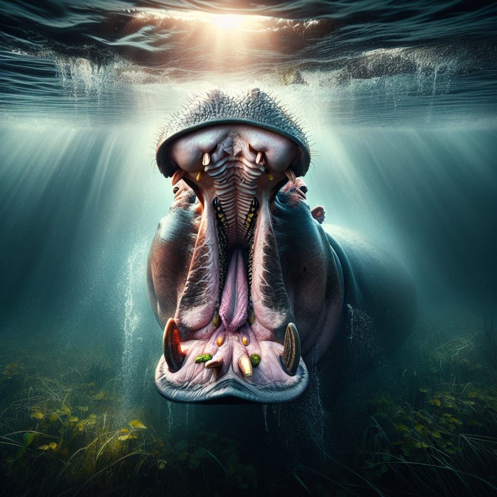 Hippopotamus Yawning Underwater in Sunlight