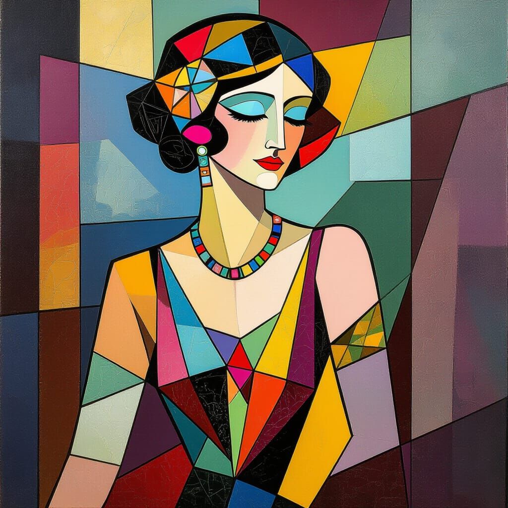 Quantum Cubist Deco Lady in Art Nouveau Style