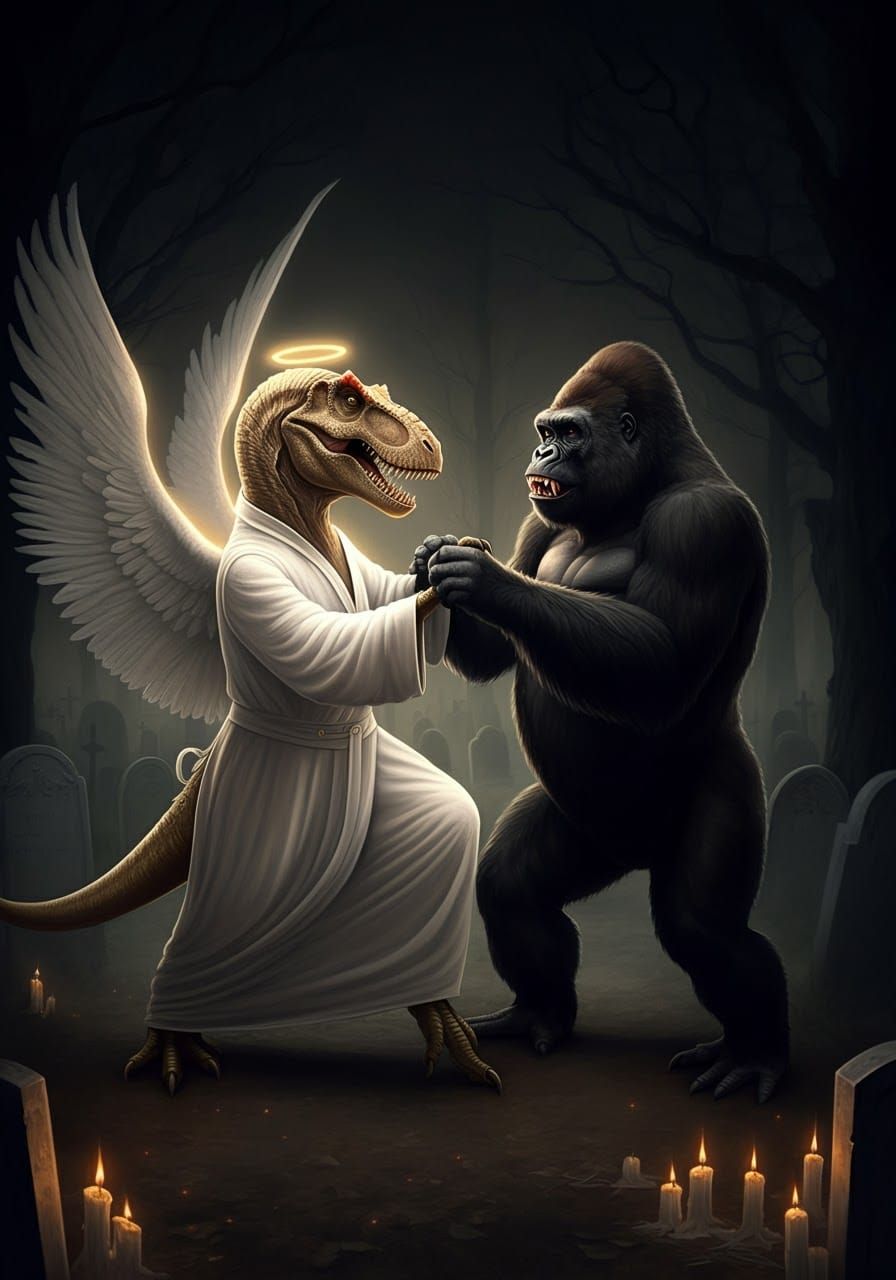 Angelic T-Rex Dances with Devilish Gorilla in Baroque Style