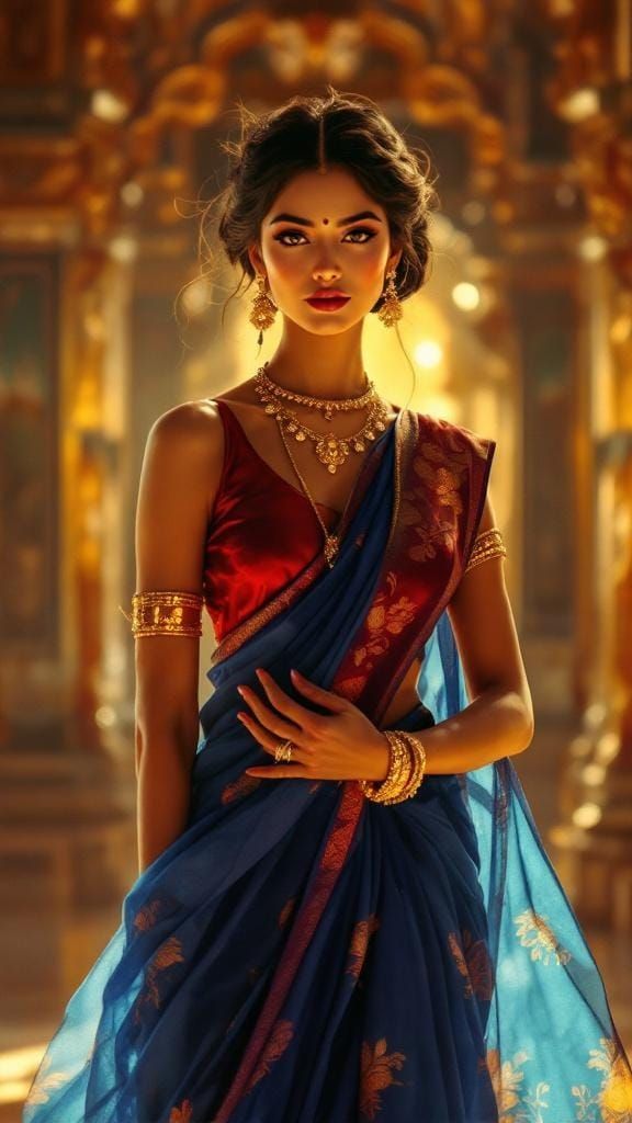 Elegant Indian Woman in Palace, Digital Art Style