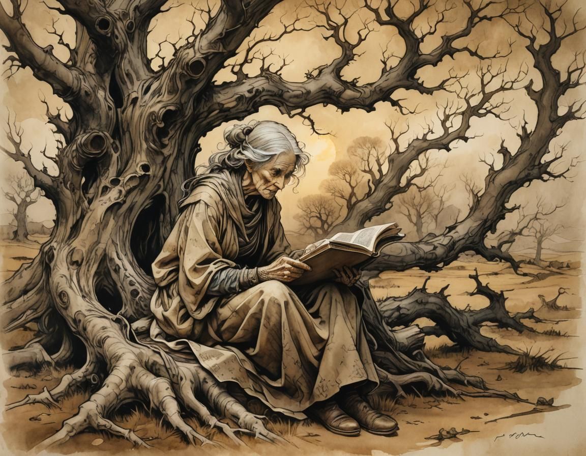 Fantasy Scene of Woman Reading, Rackham-Inspired Illustratio...