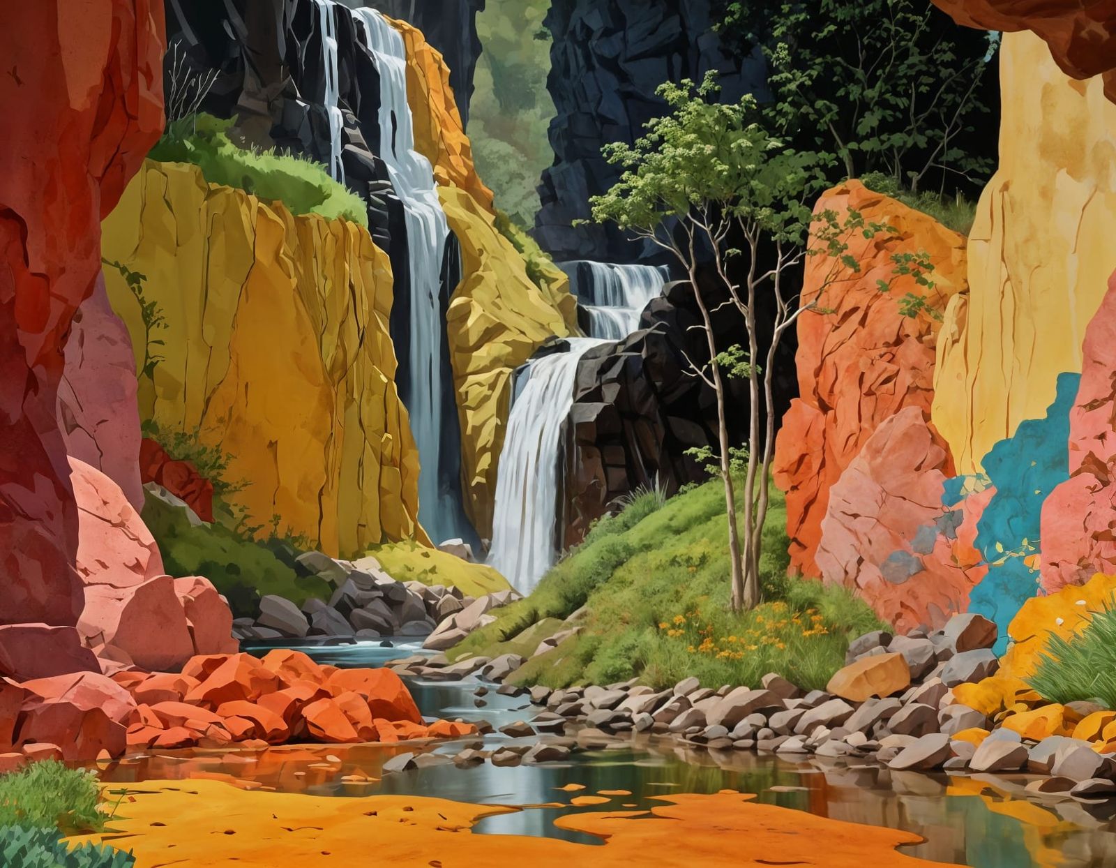 Quadrant Landscape Painting with Waterfall