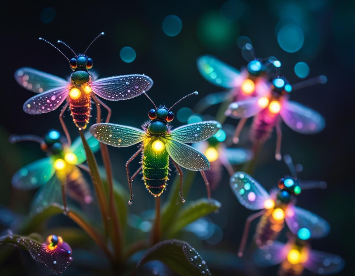Glowing Fireflies on Rainbow Flowers Macro Photography