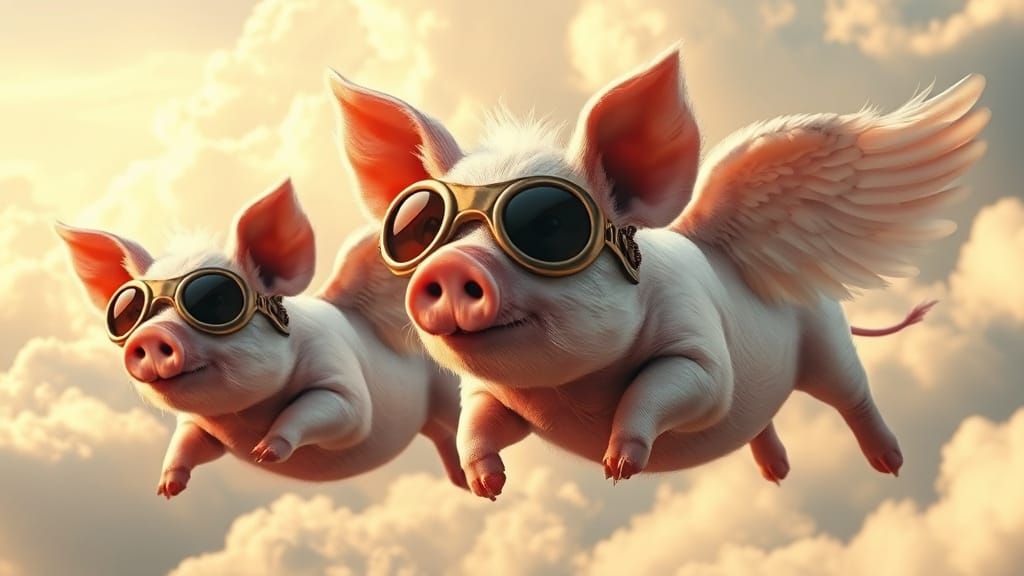 Winged Piglets Soar Through Clouds in Syd Mead Style