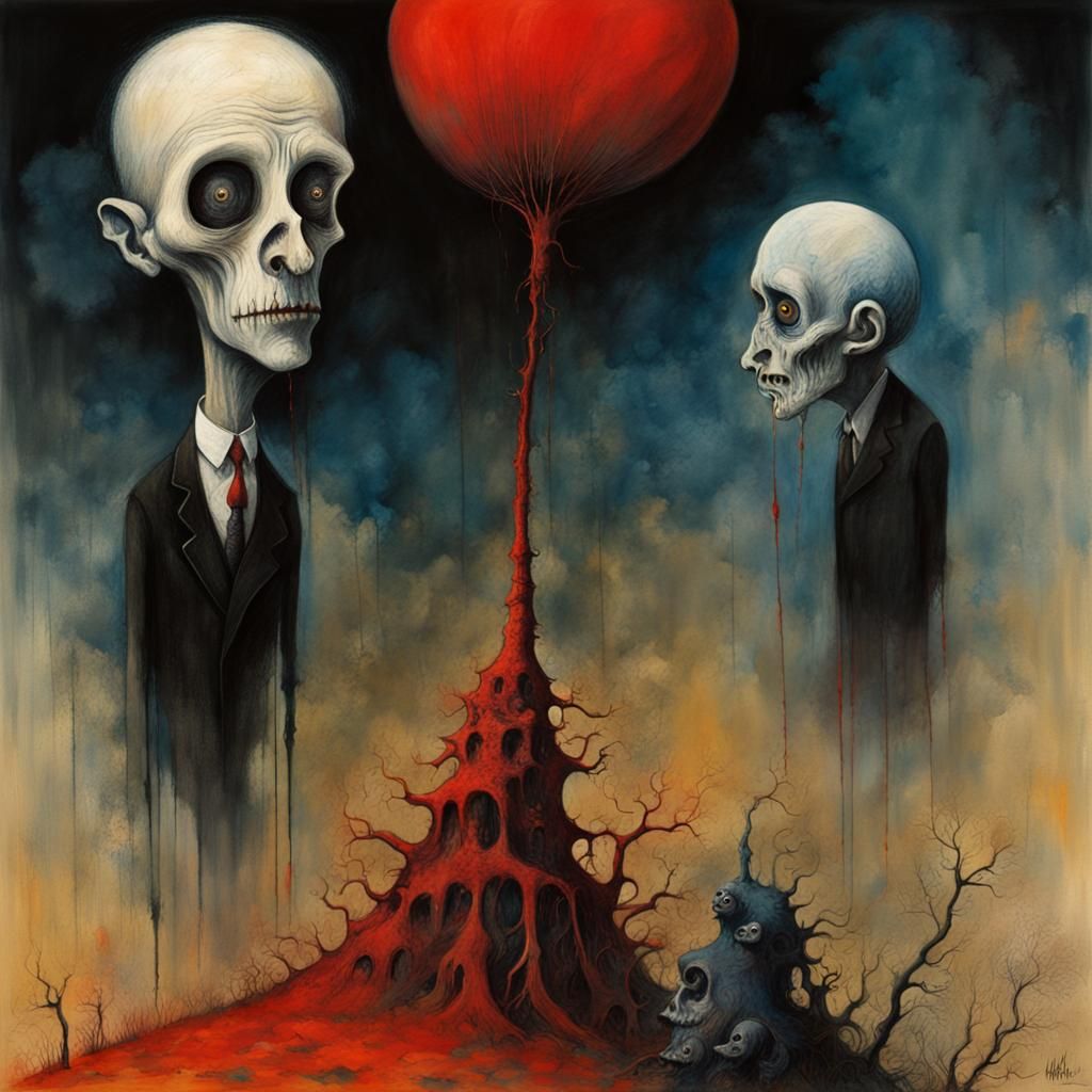 Macabre Gouache Masterpiece in Maximalist Style