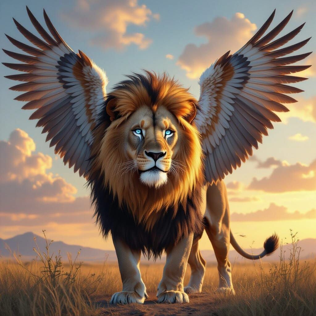 Majestic Lion With Eagle Wings in Golden Hour