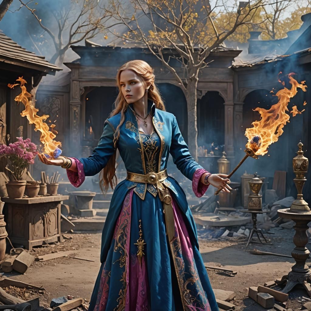 Sorceress Casting a Fire Spell, Fantasy Concept Art