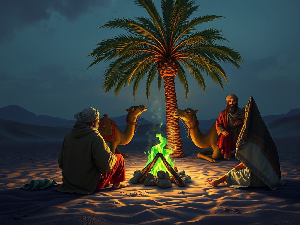 Middle Eastern Traders Gather Around a Glowing Green Campfir...