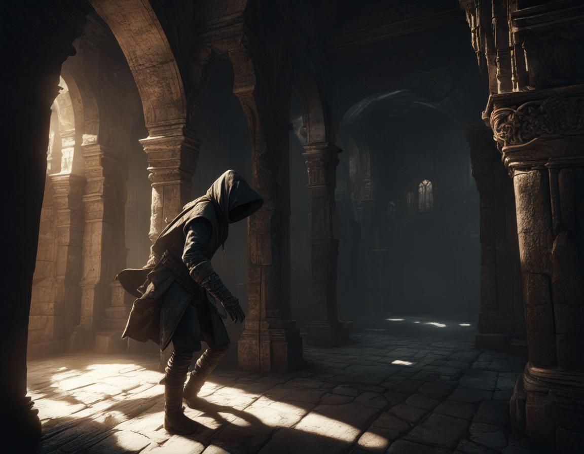 Thief in Dark Catacombs: Hyperrealistic Action Scene