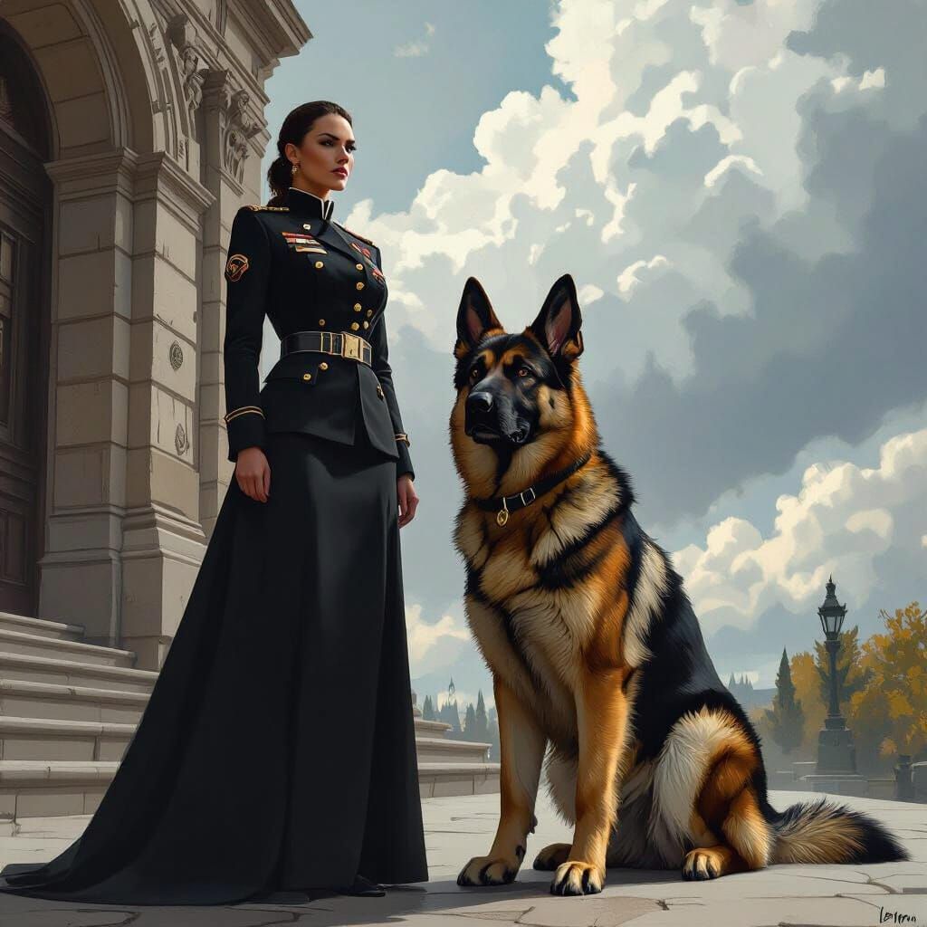Stern Officer with Guard Dog in Digital Painting
