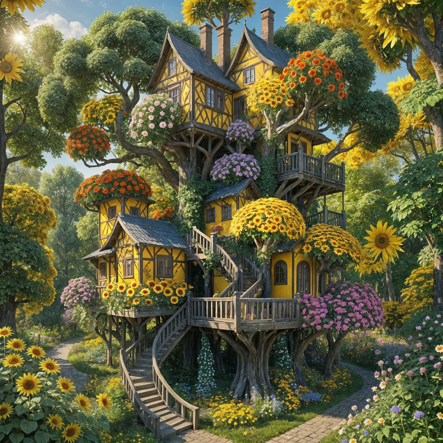 Flowery Treehouse in Russian Garden: Hyperrealistic Art