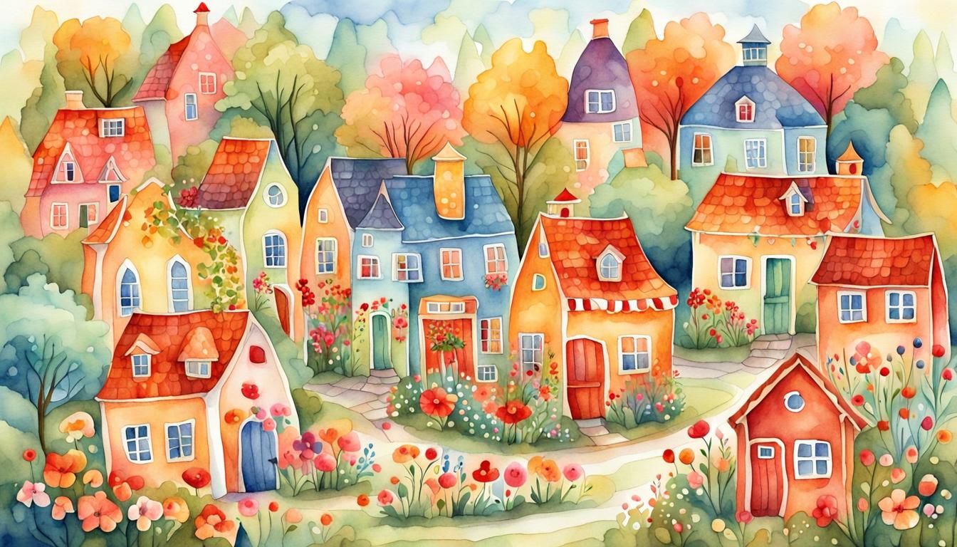 Whimsical Village Scene in Mary Engelbreit Style