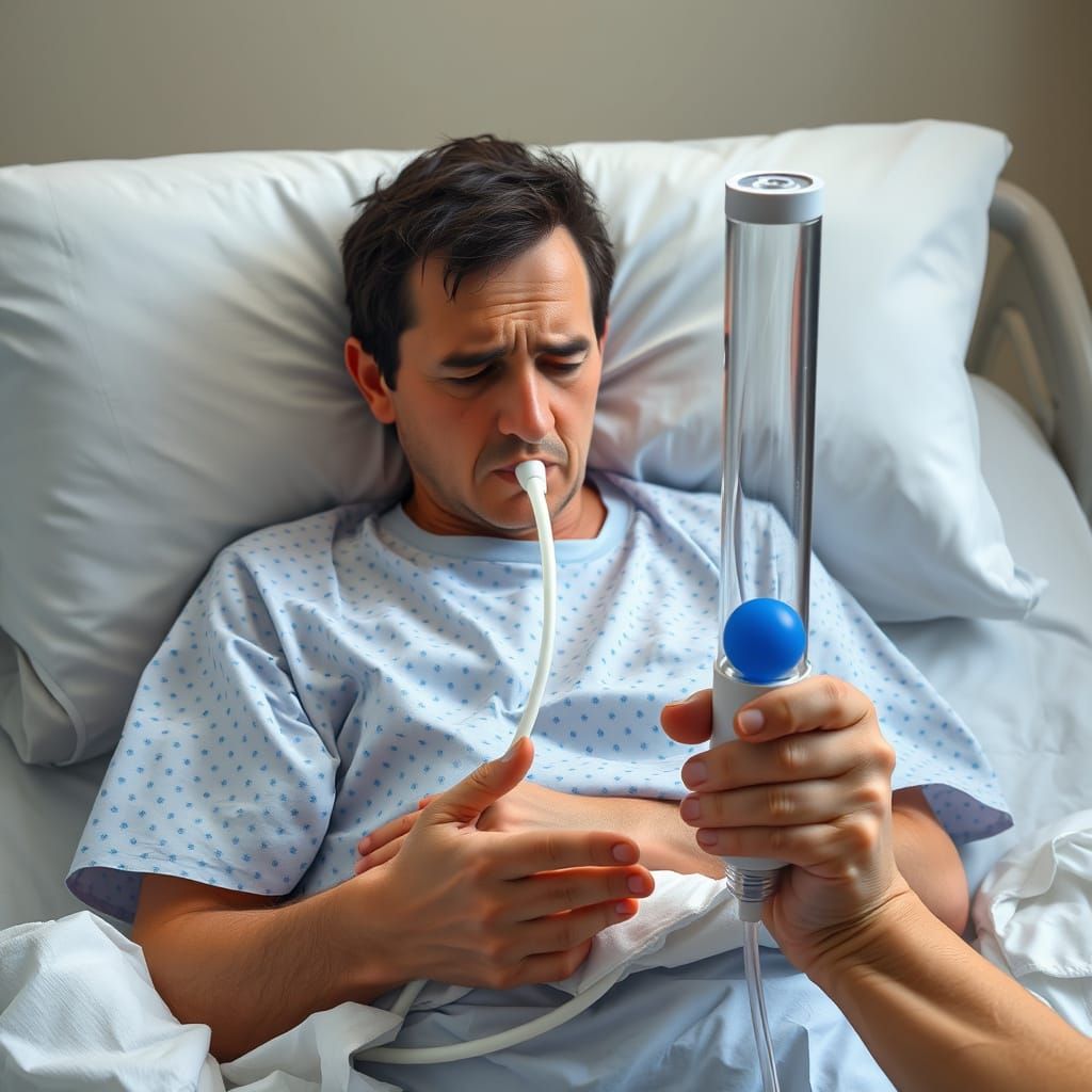 Frustrated Patient Using Spirometer in Hospital Bed