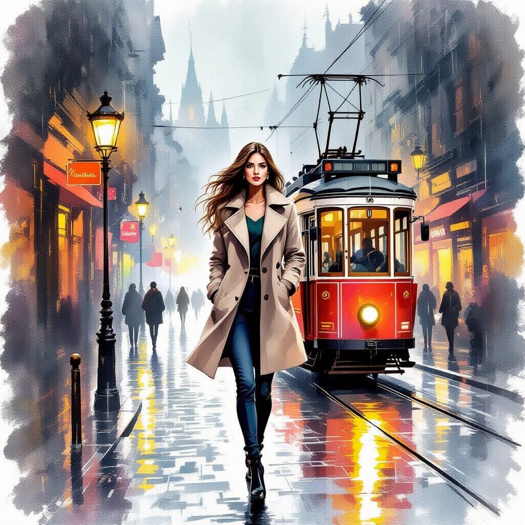 Woman Walking in Rainy City Street