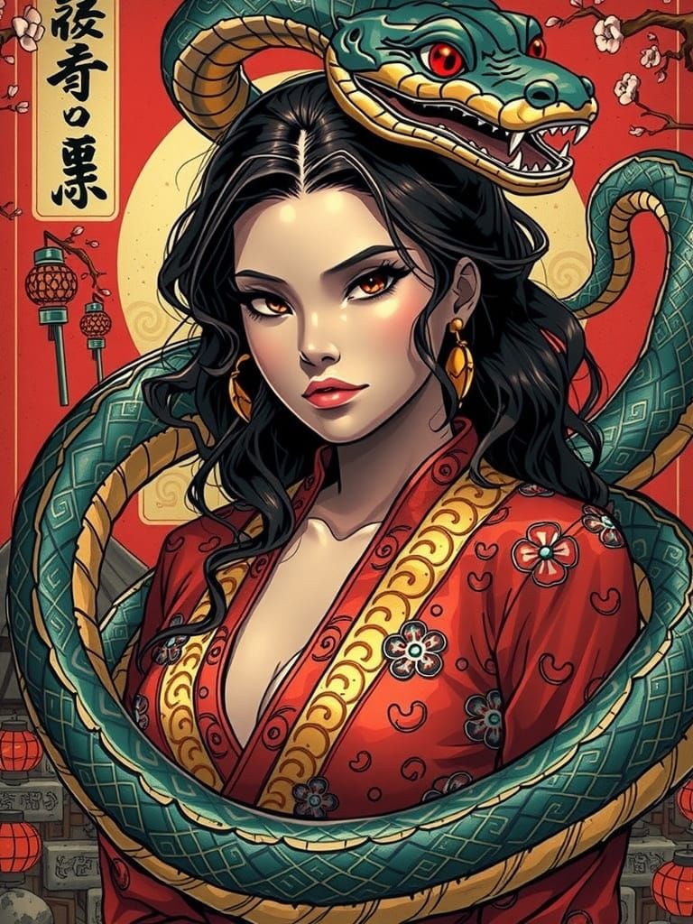 Anime Temple Courtyard with Majestic Snake Goddess