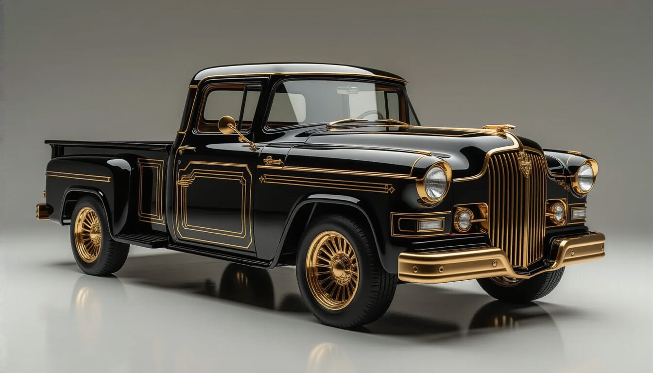 Futuristic Black Electric Pickup Truck in Art Deco Style