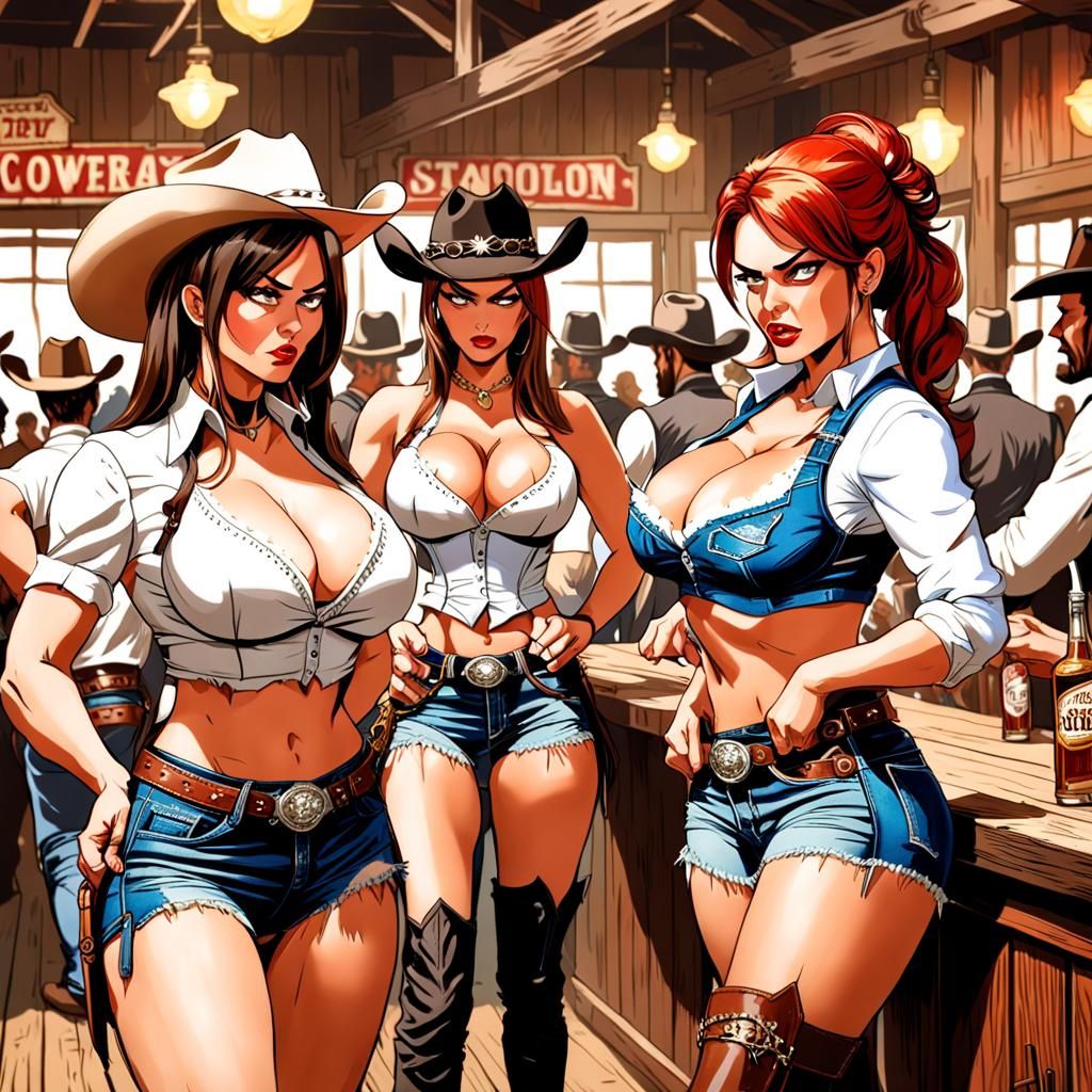 Angry Cowgirl Staredown in Saloon