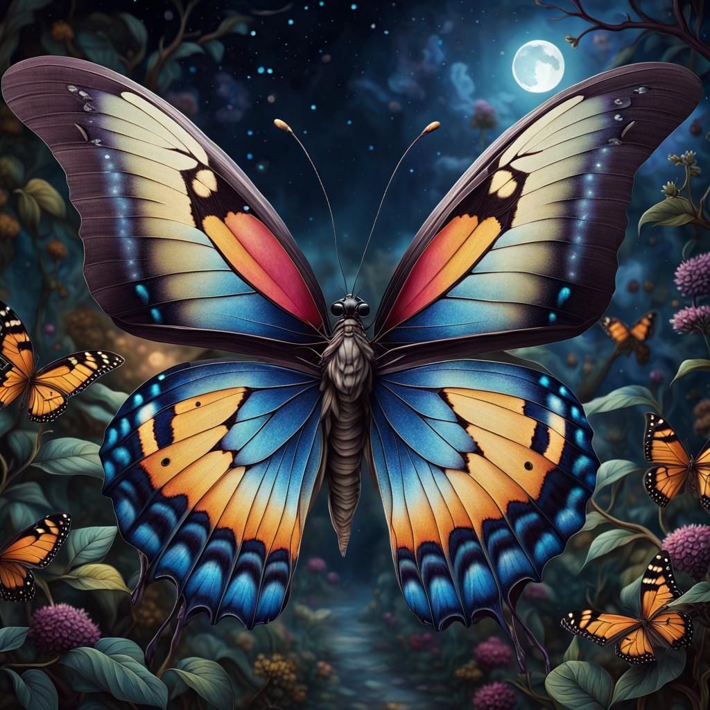 Butterfly Wings Displaying Nighttime Fantasy Scenes