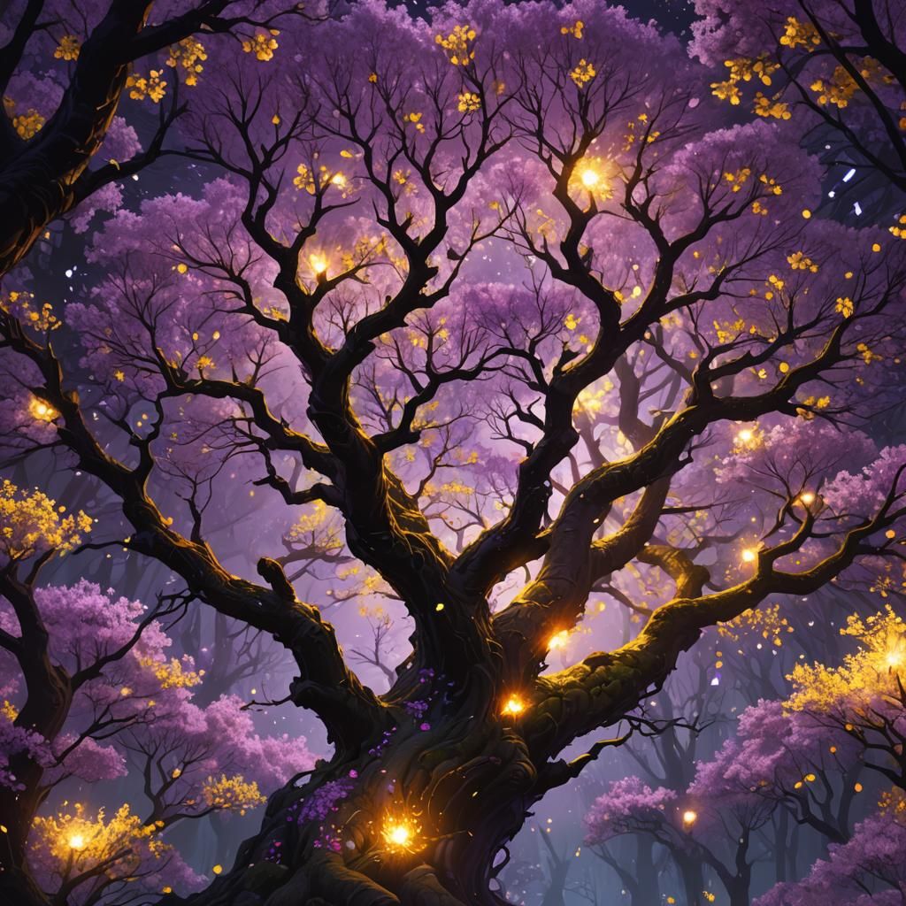 Glowing Cherry Blossoms in Dark Fantasy Landscape