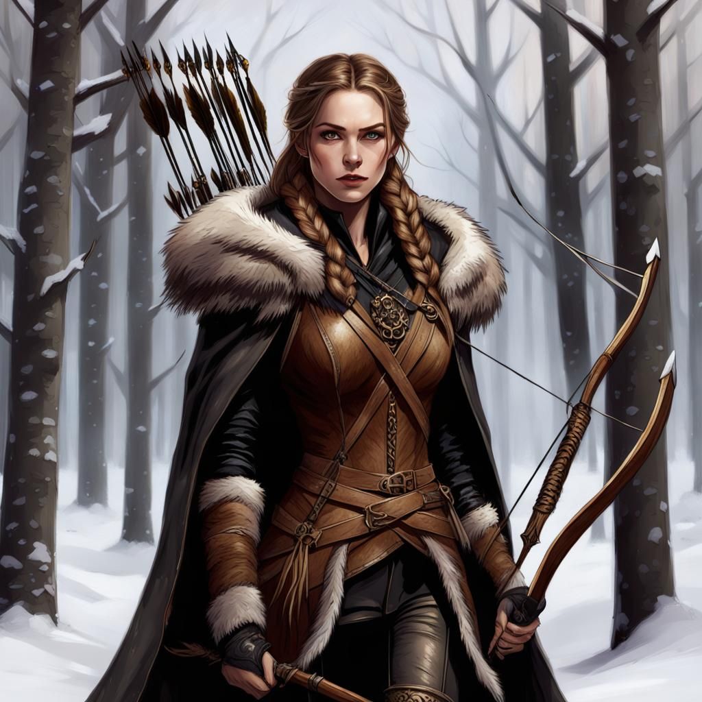 Young Female Hunter in Snowy Forest