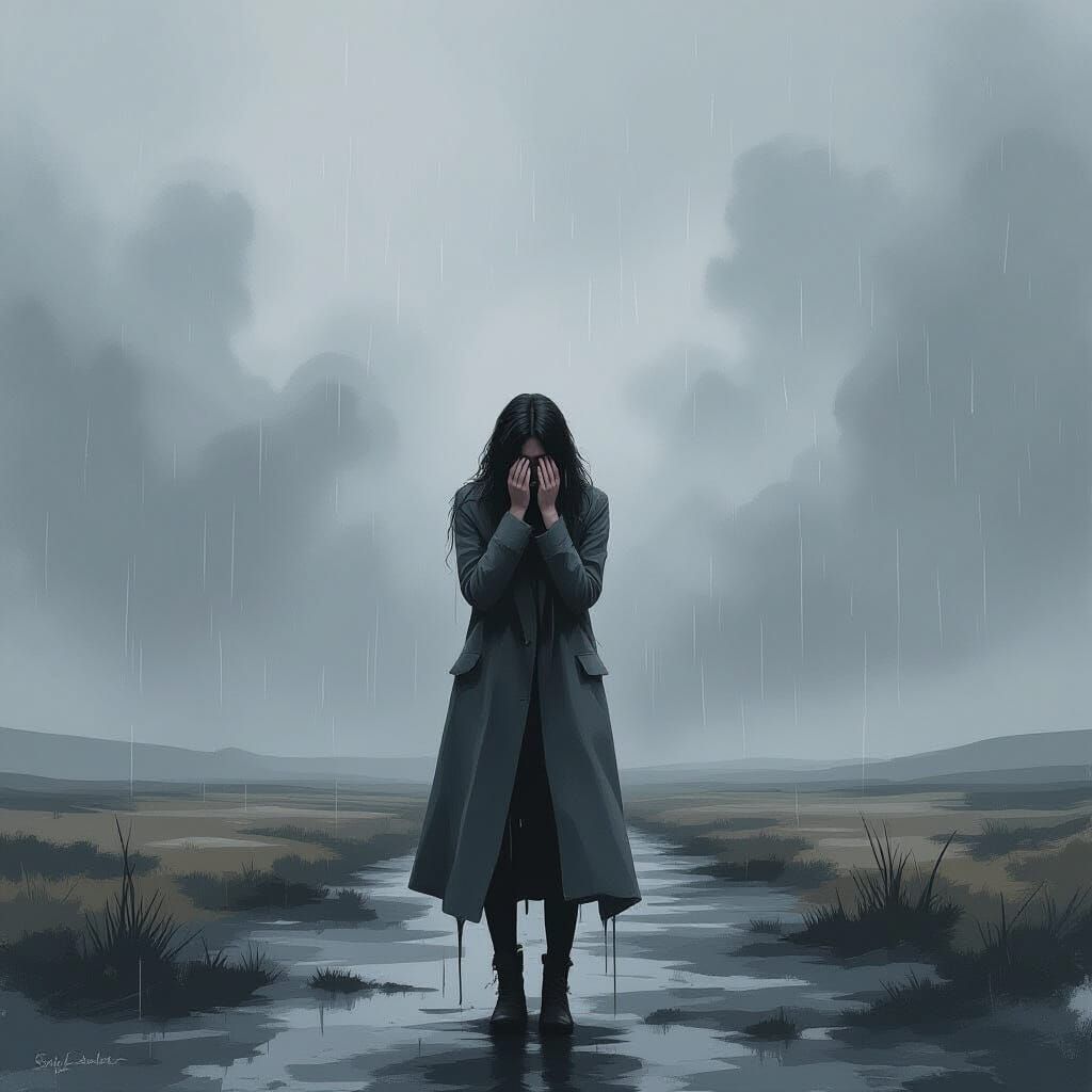 Desolate Woman Crying in Storm, Watercolor Style