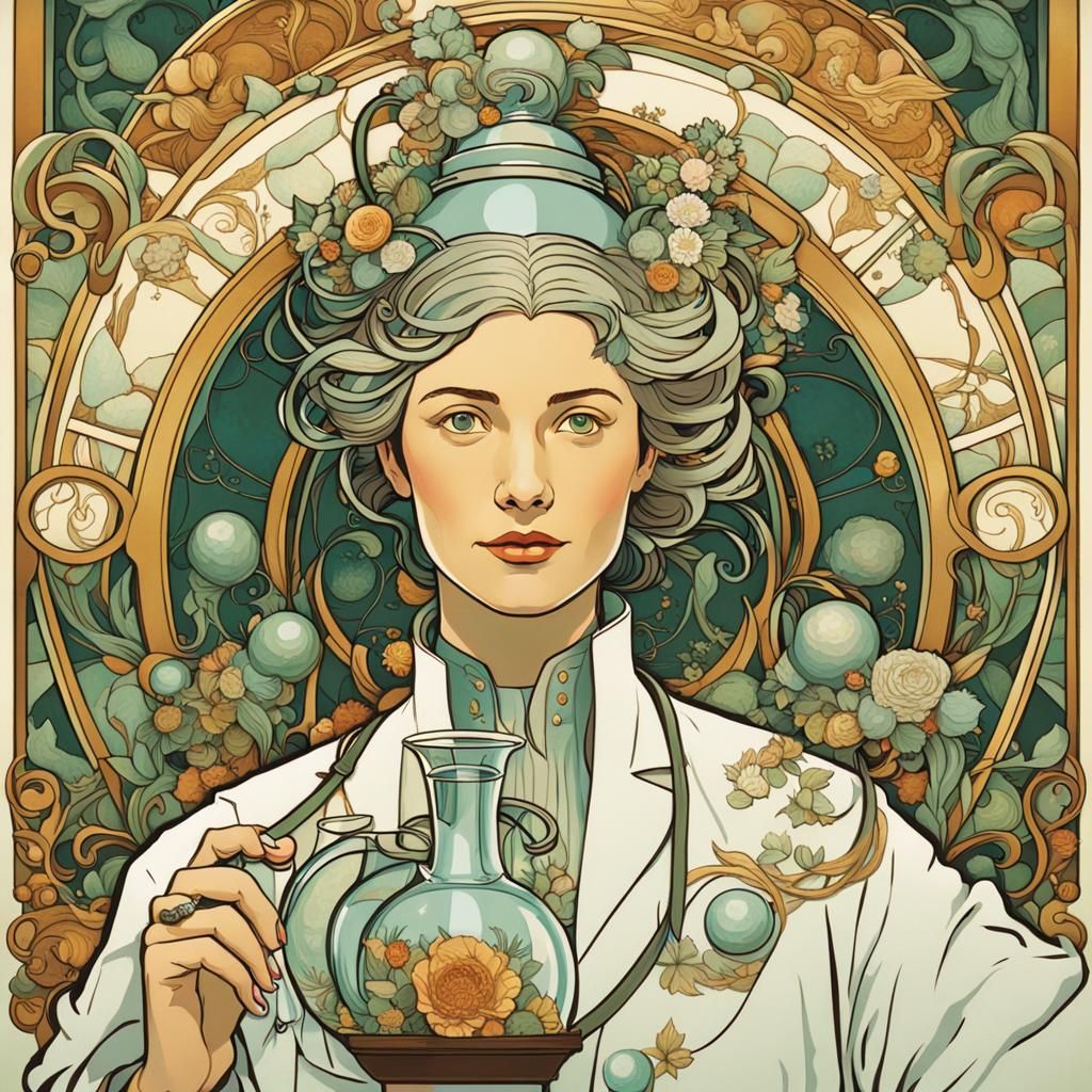 Female Scientist Portrait in Art Nouveau Style