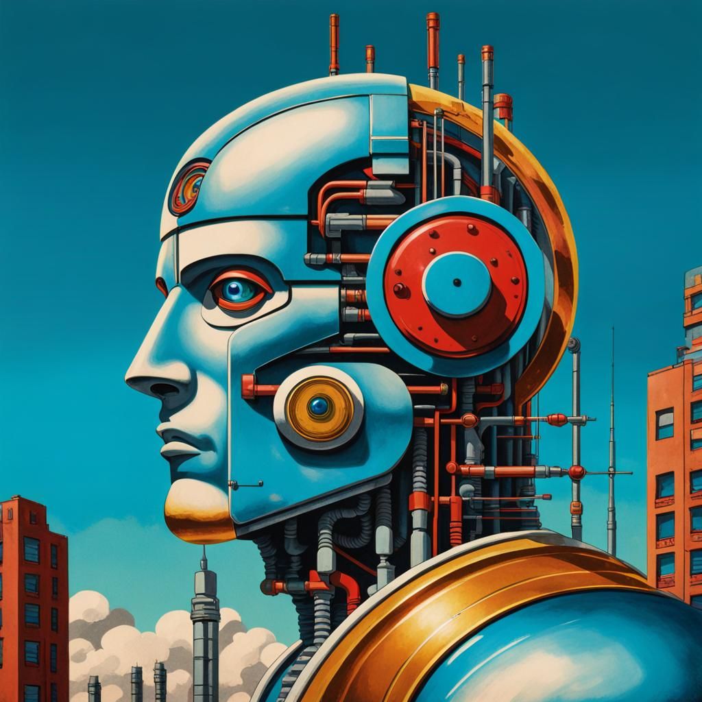 Cyborg with Visible Robotics in 1930s Poster Style